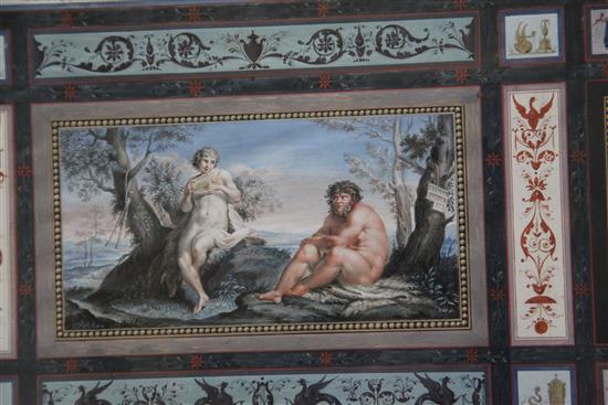 19th century Italian School Renaissance panel decorated with scene of Pan, two nymphs and geometric panels 13 x 21in.